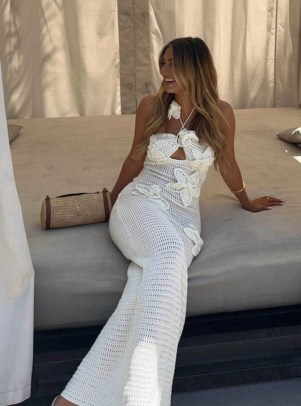 Backless Knitted Star Crochet Maxi Dress