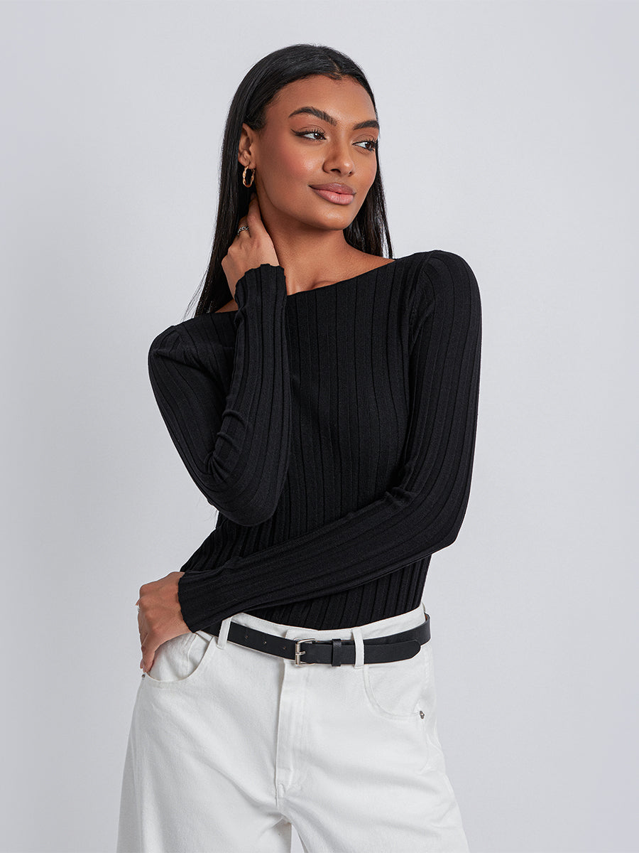 Long Sleeve Ribbed Knit Crewneck Sweater