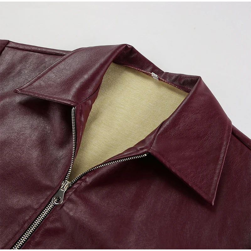 Wine Red Leather Zipper Motorcycle Jacket