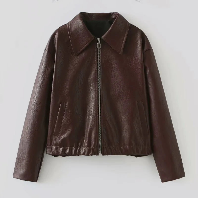 Cherry Red Cropped Leather Jacket with Lapel