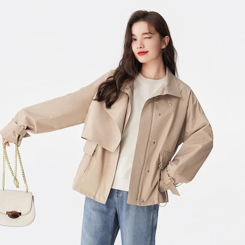 Solid Color Loose Waist-Tie Windbreaker Coat