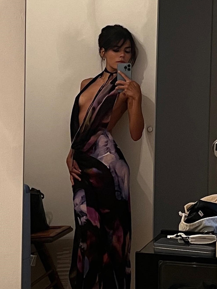 Purple Print Halter Backless Bodycon Maxi Dress