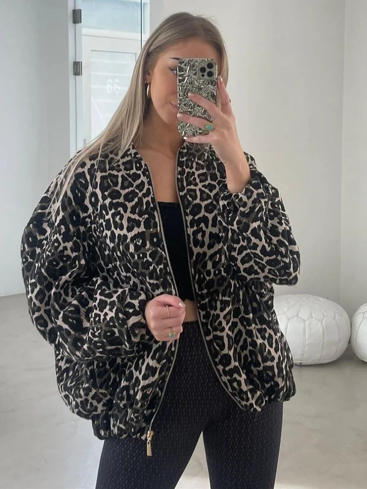 Retro Leopard Print O-Neck Zipper Jacket