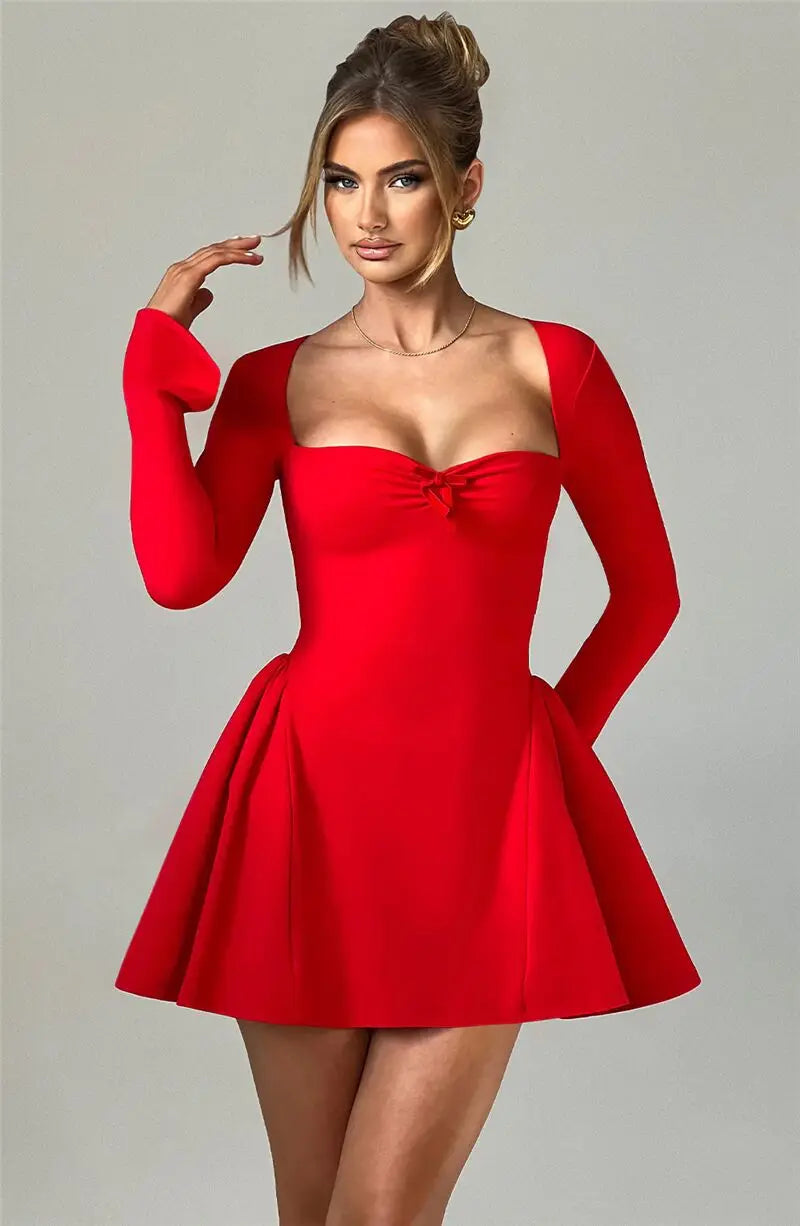 Long Sleeve A-Line Bow Pleated Mini Dress