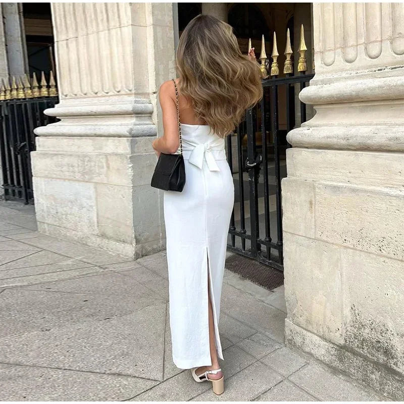 2 Piece Single Breasted Backless Bandage Vest + Split Long Skirt