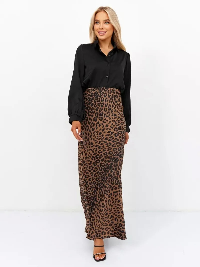 Satin Leopard Print Long Skirt