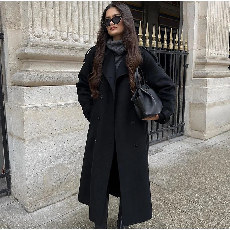 Elegant Woolen Overcoat With Belt Double Breasted Coat