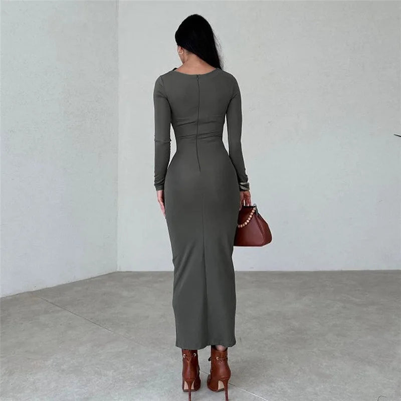 Elegant Ruched Long Bodycon Dress - Club Party Outfit