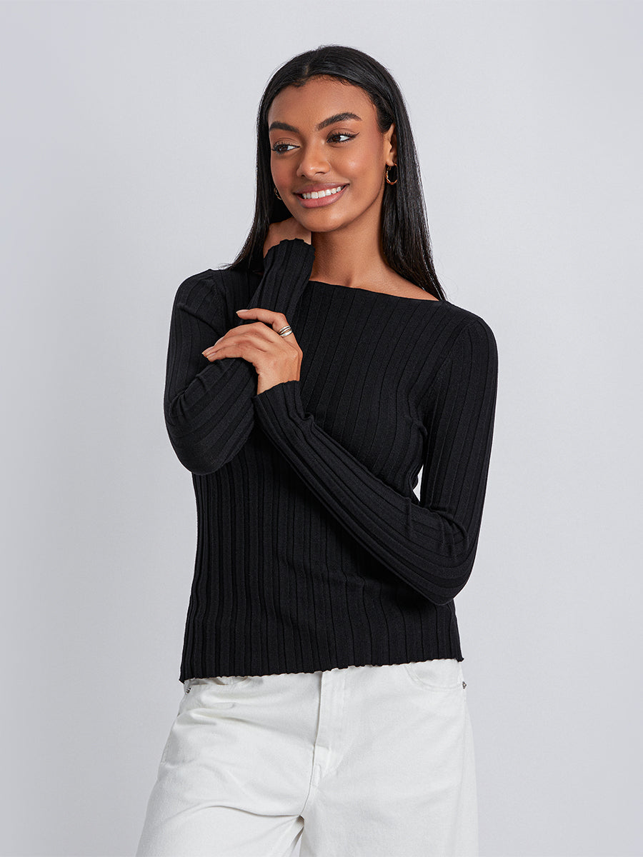 Long Sleeve Ribbed Knit Crewneck Sweater