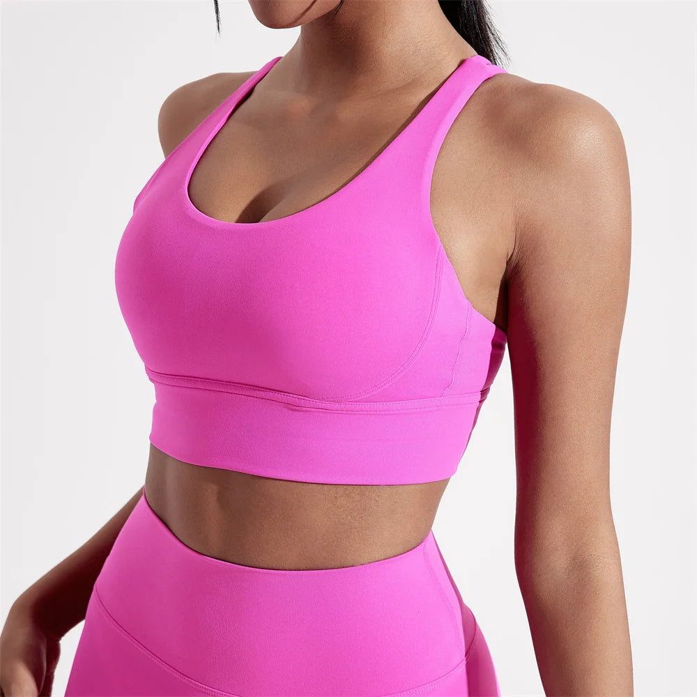 Solid Color Cross Back Sports Bra with Chest Pad