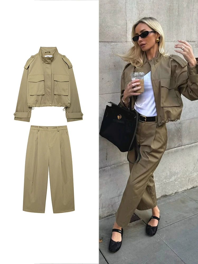 Retro Army Green Two-Piece Trench Coat and Pants Set