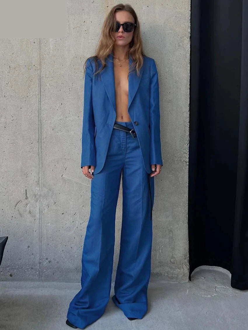 Blue Cotton Single-Button Shirt and Wide-Leg Pants Set