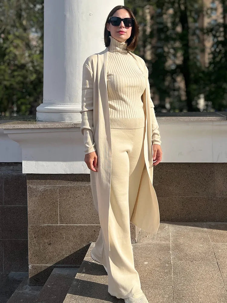 3-Piece Knitted Set - Turtleneck Vest, Long Cardigan, and Pants