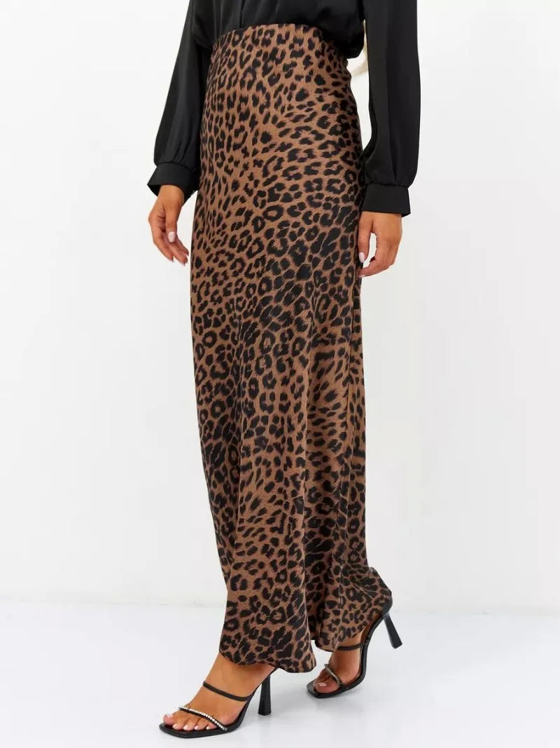 Satin Leopard Print Long Skirt