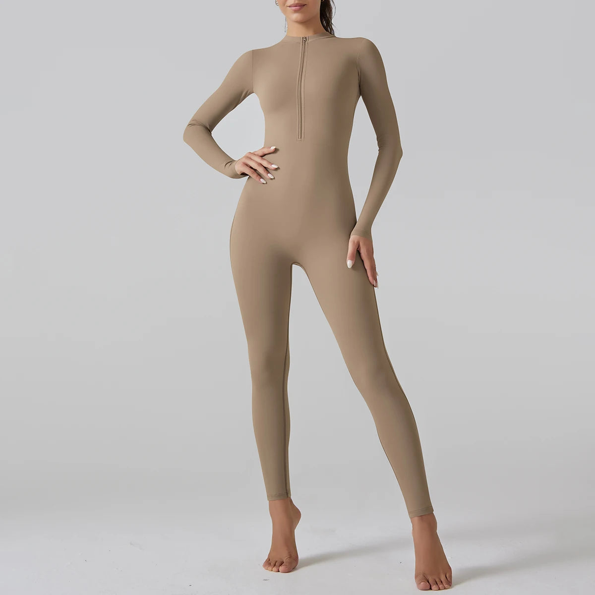 One-Piece Zipper Leggings Jumpsuit - Long Sleeve Push-Up Fitness Bodysuit