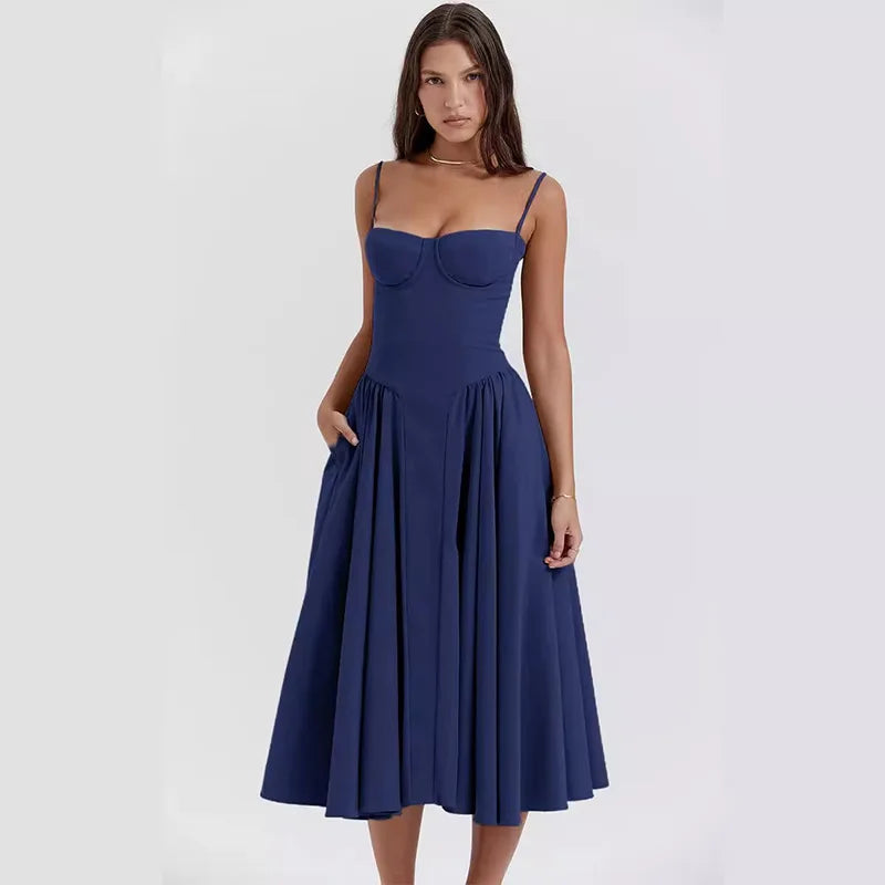 Solid Pleated Hem Sleeveless Midi Dress