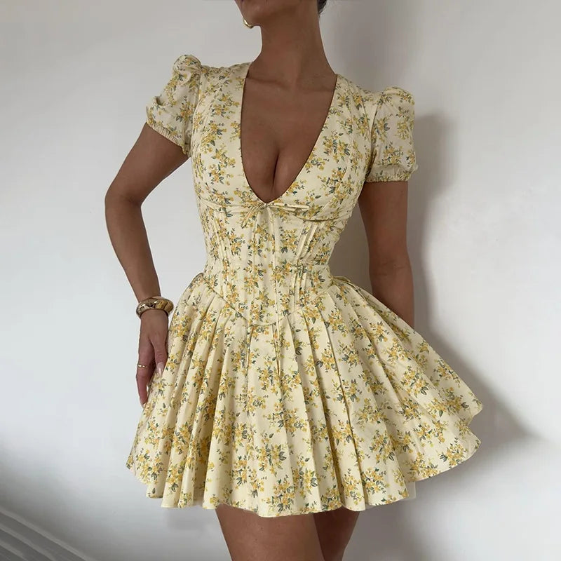 Yellow Floral Puff Sleeve V-Neck A-Line Dress