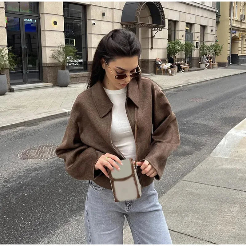 Vintage Brown Lapel Zipper Crop Jacket