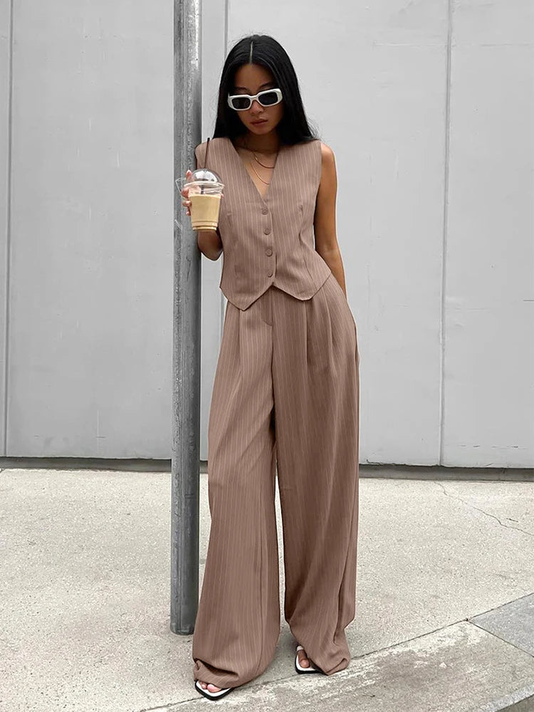 Striped Khaki V-Neck Two-Piece Pant Set