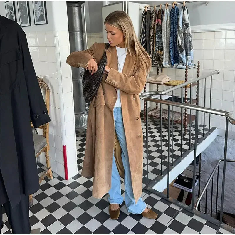 Suede Lapel Oversized Windbreaker Trench Coat