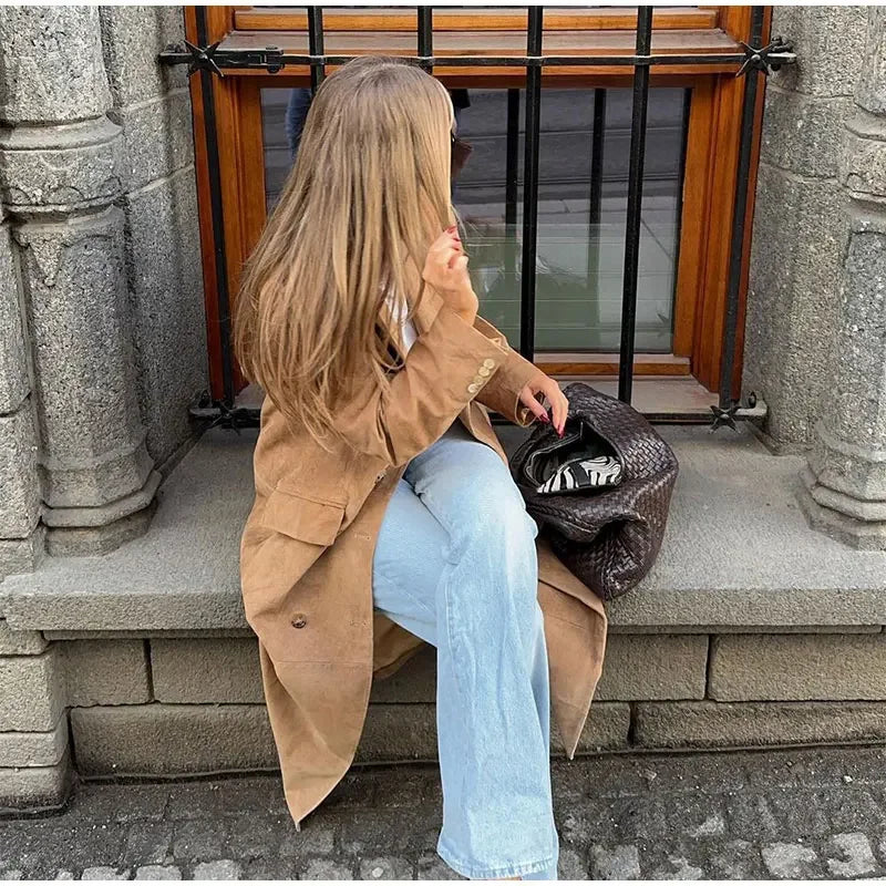 Suede Lapel Oversized Windbreaker Trench Coat