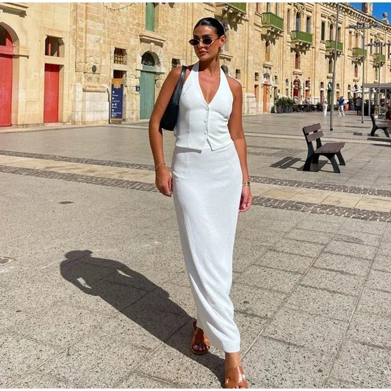 2 Piece Single Breasted Backless Bandage Vest + Split Long Skirt