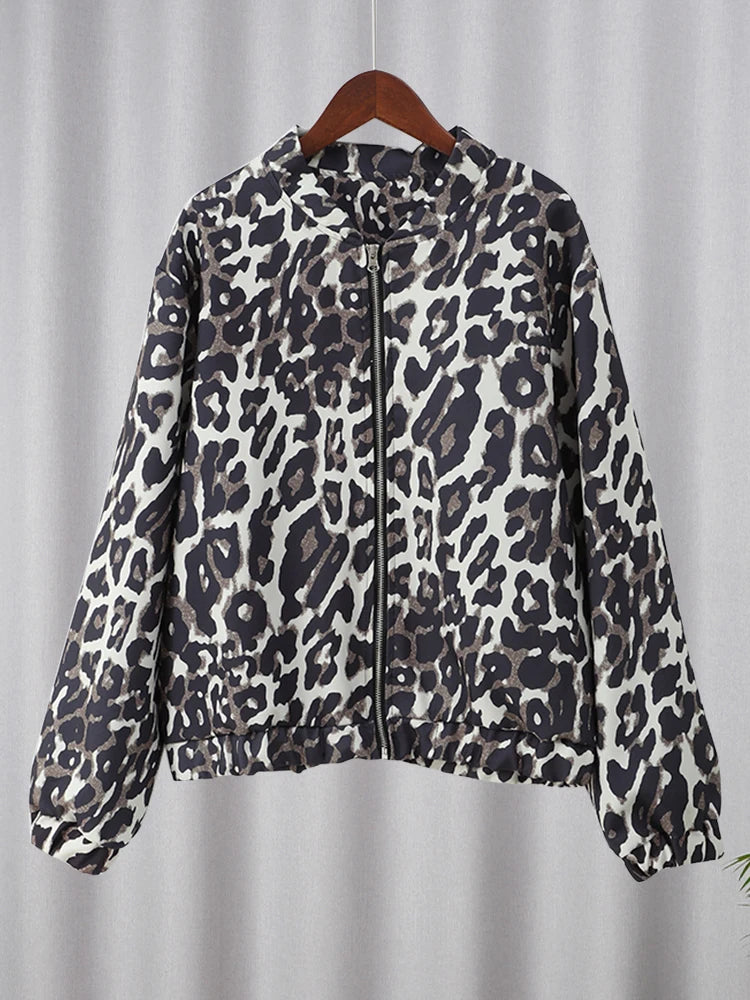 Retro Leopard Print O-Neck Zipper Jacket