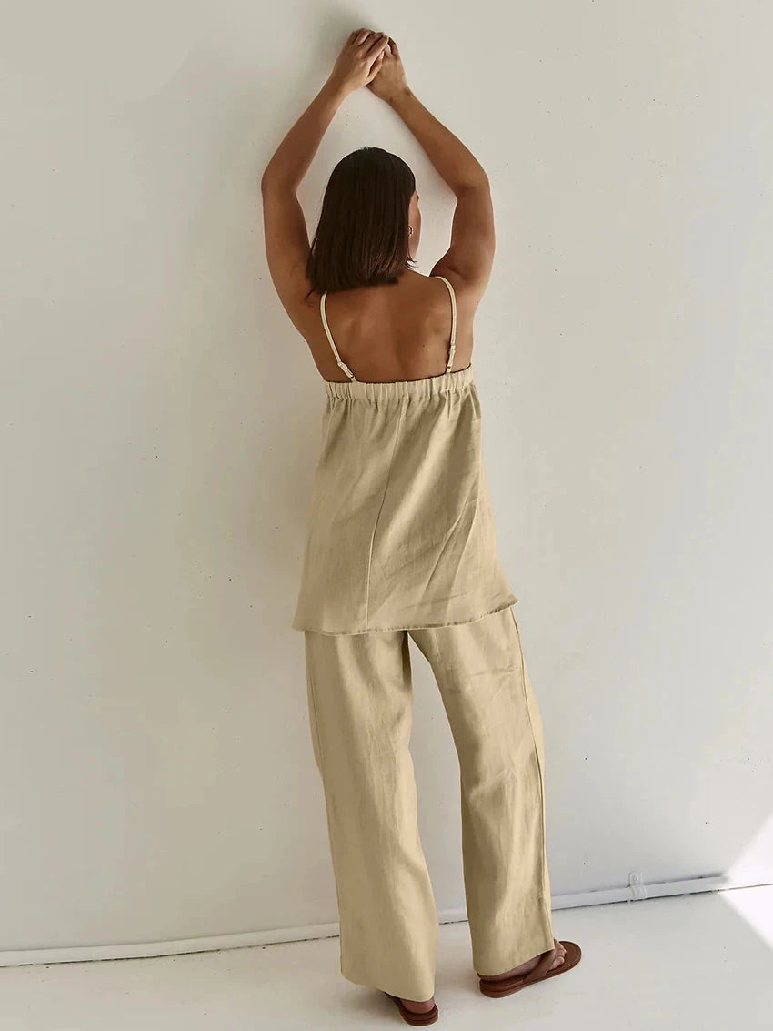 Casual Loose Khaki Sleeveless Tank Top and High-Waist Wide-Leg Pants Set