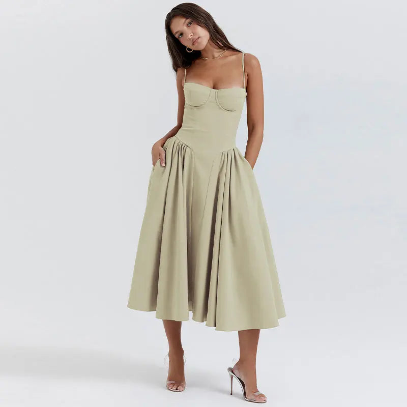 Solid Pleated Hem Sleeveless Midi Dress