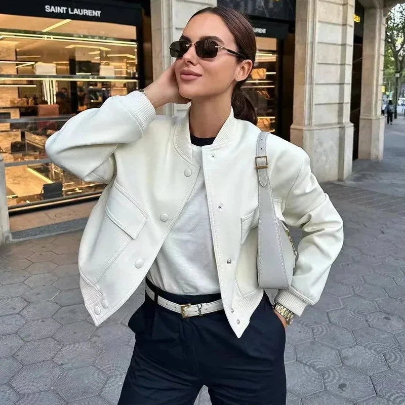 White Cropped Bomber Jacket with Button-Up Closure