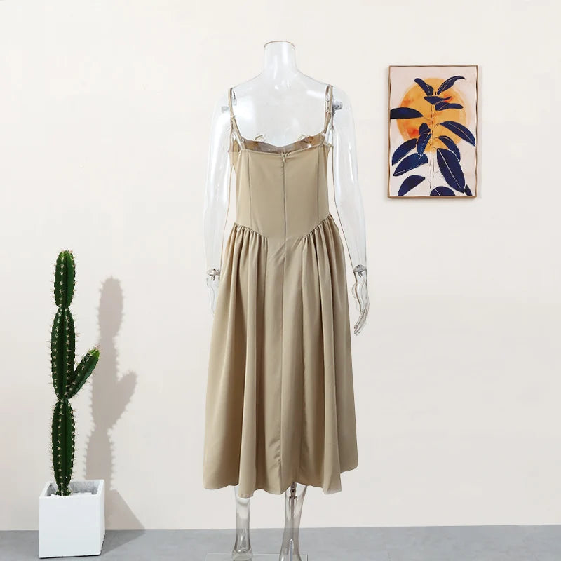 Solid Pleated Hem Sleeveless Midi Dress