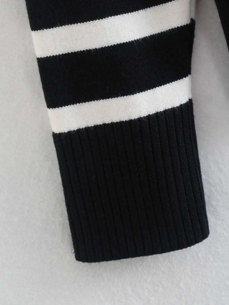 Black and White Striped Turtleneck Knit Sweater