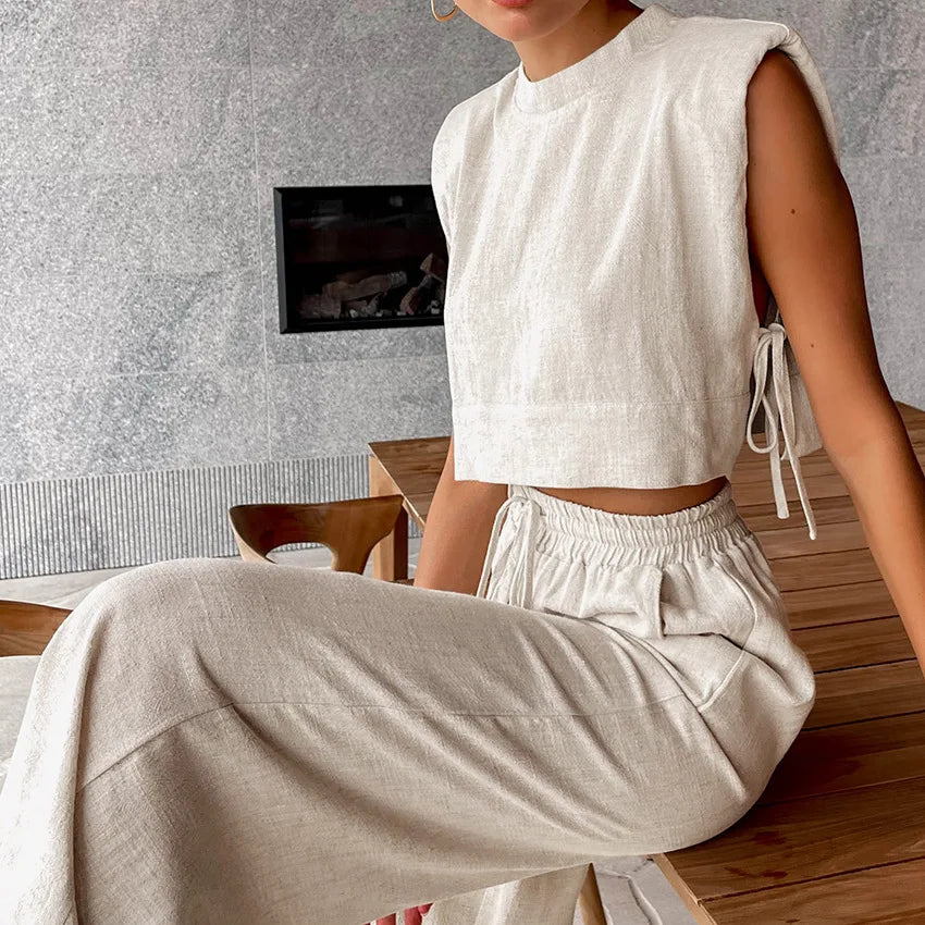 Linen Lace-Up Crop Top and Loose Pants Sleepwear Set