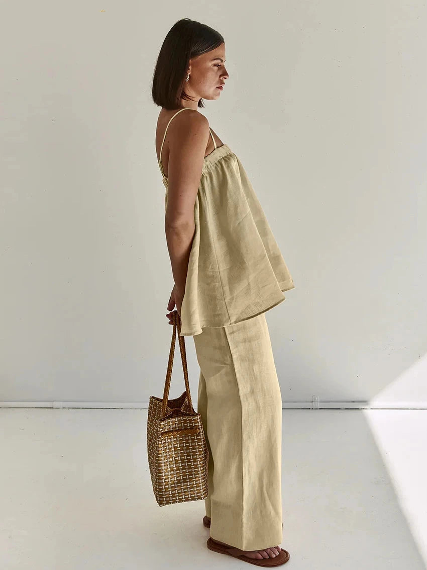 Casual Loose Khaki Sleeveless Tank Top and High-Waist Wide-Leg Pants Set