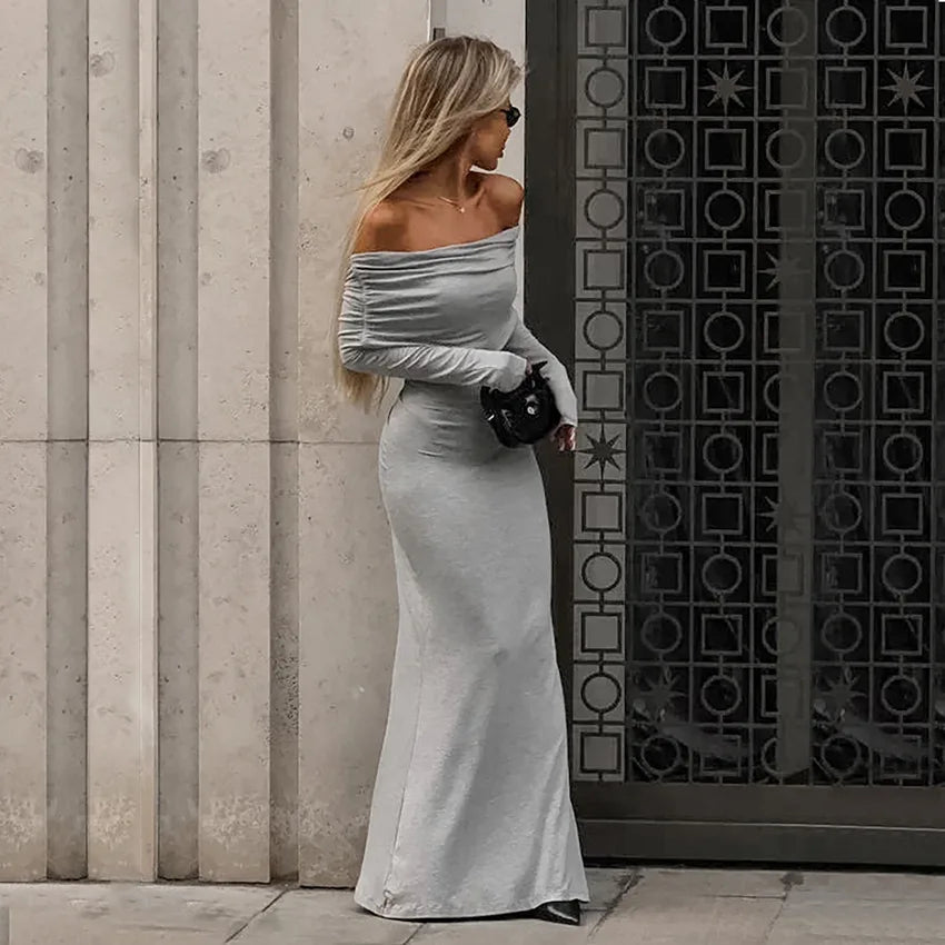 Off-Shoulder Backless Long Sleeve Maxi Dress