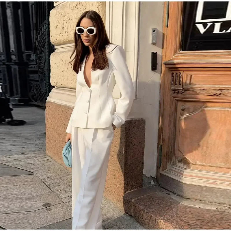 White Deep V-Neck Blazer and High-Waist Pants Set