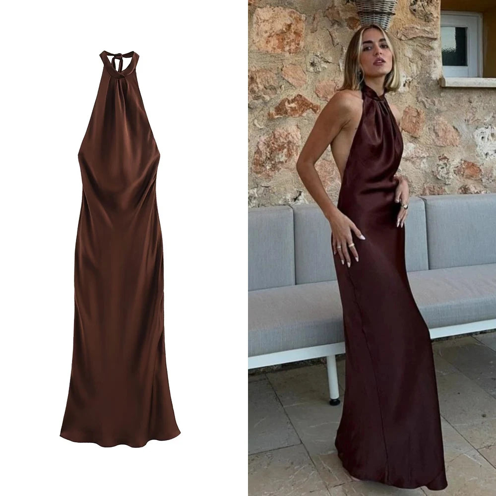 Solid Satin Backless Strappy Evening Dress