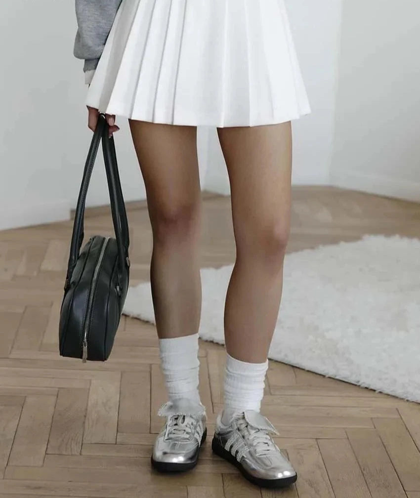 Casual White High Waisted Pleated Skirt