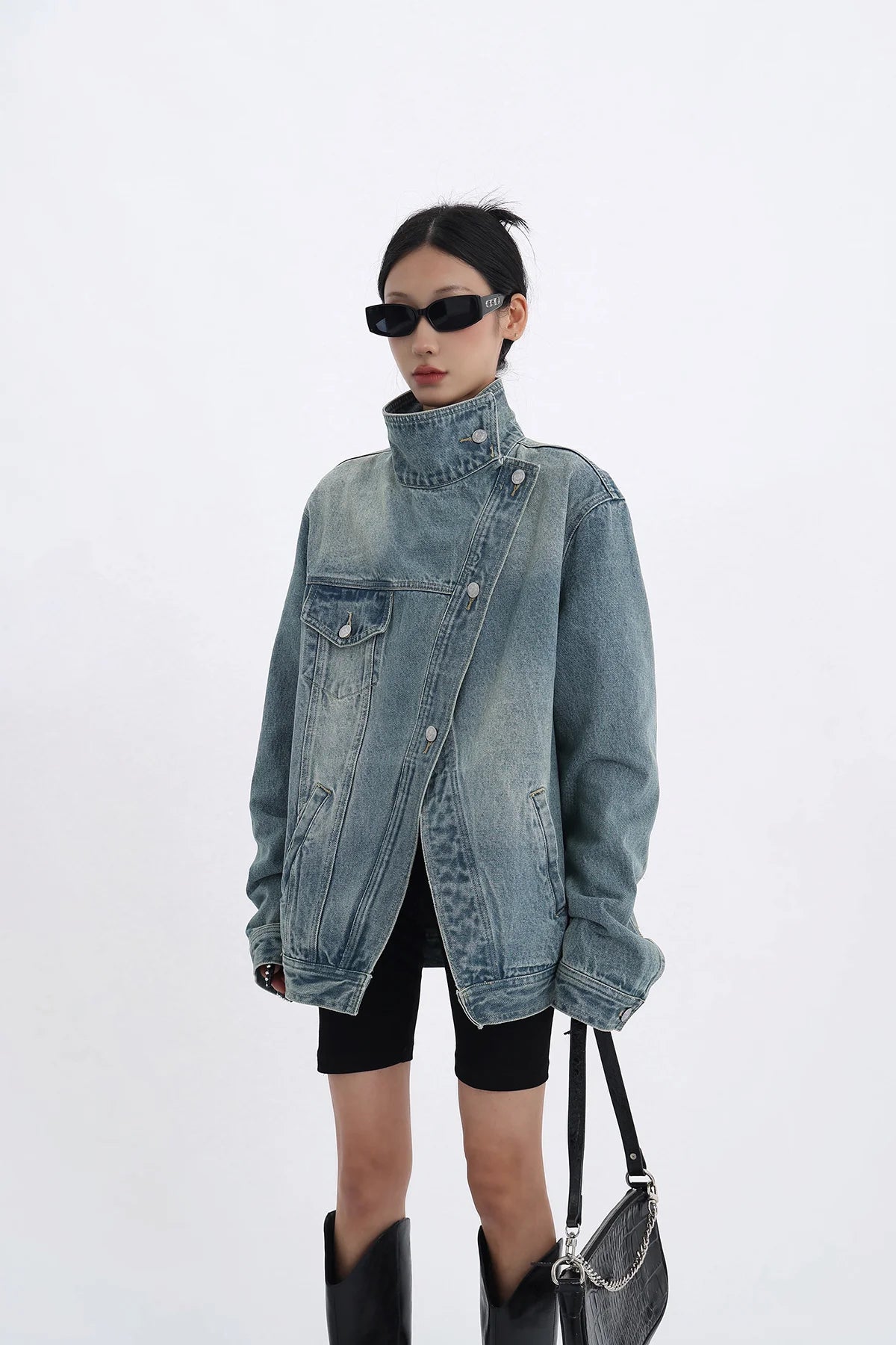 Turtleneck Single-Breasted Patchwork Denim Coat