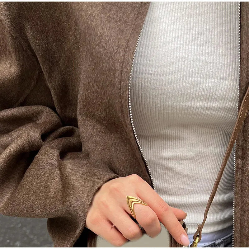 Vintage Brown Lapel Zipper Crop Jacket