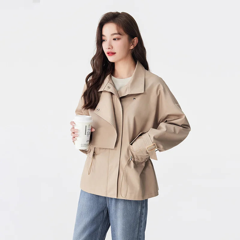 Solid Color Loose Waist-Tie Windbreaker Coat