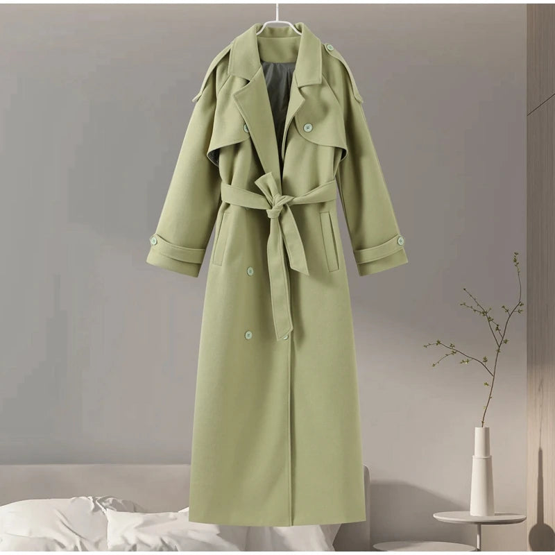 Elegant Woolen Overcoat With Belt Double Breasted Coat