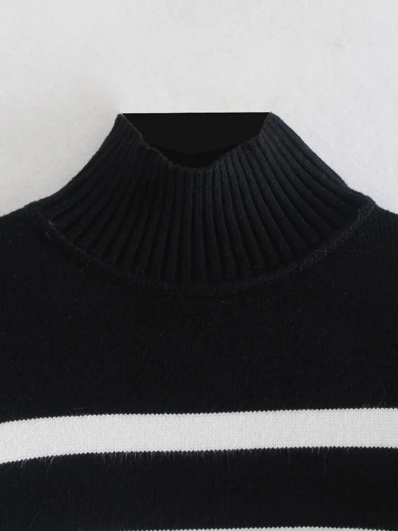 Black and White Striped Turtleneck Knit Sweater