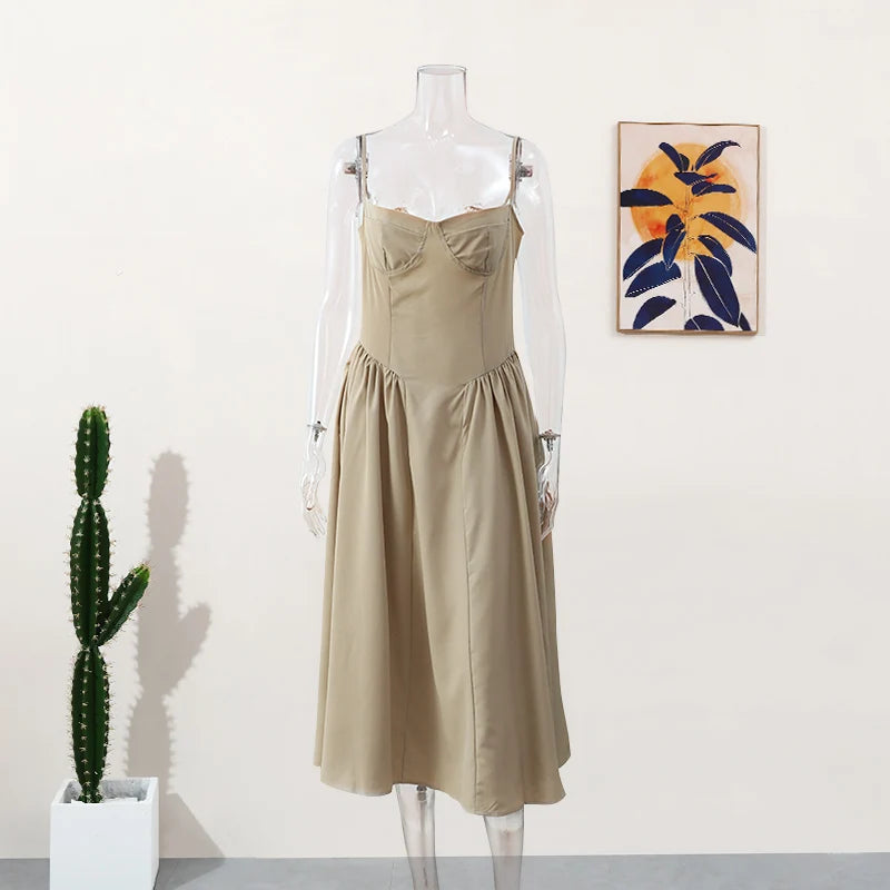 Solid Pleated Hem Sleeveless Midi Dress