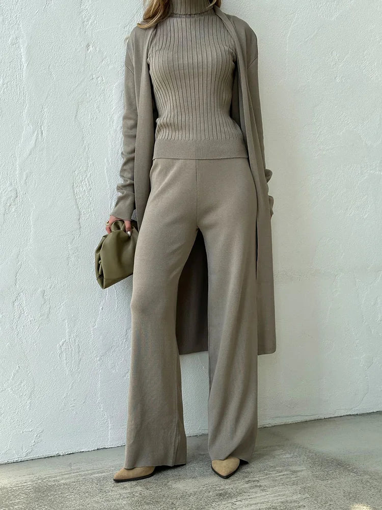 3-Piece Knitted Set - Turtleneck Vest, Long Cardigan, and Pants