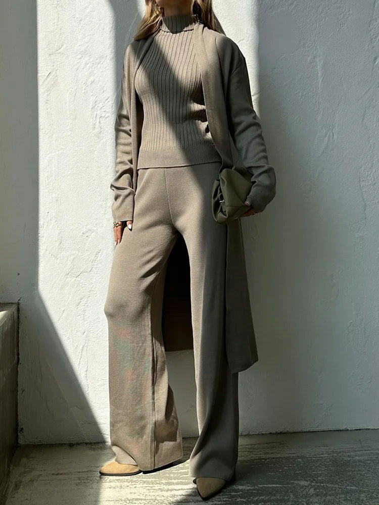 3-Piece Knitted Set - Turtleneck Vest, Long Cardigan, and Pants