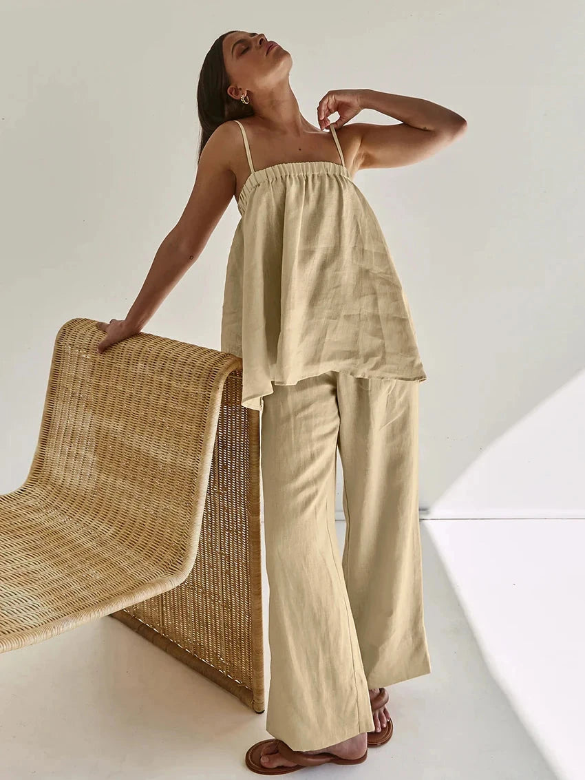 Casual Loose Khaki Sleeveless Tank Top and High-Waist Wide-Leg Pants Set