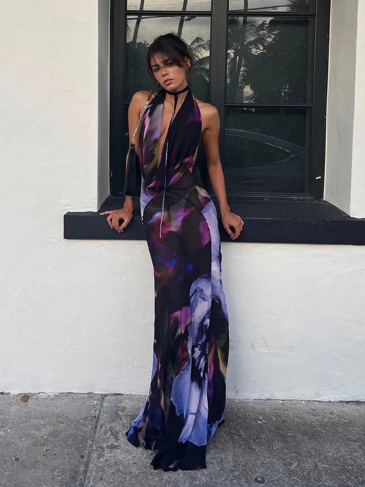 Purple Print Halter Backless Bodycon Maxi Dress