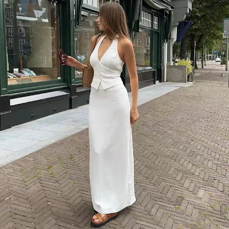 Halter Backless Bandage Vest and Split Long Skirt Set