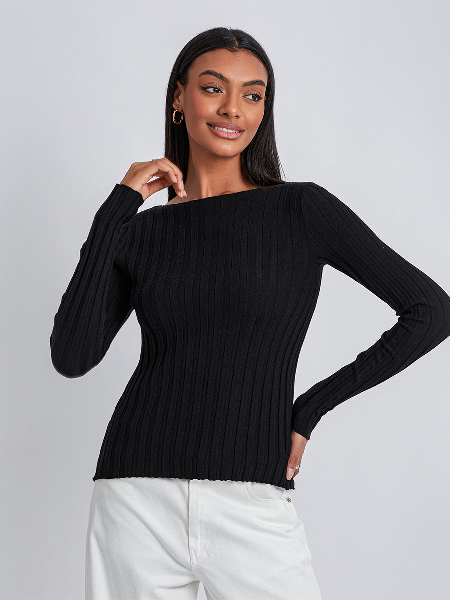 Long Sleeve Ribbed Knit Crewneck Sweater